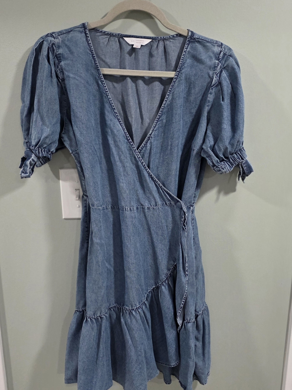 LC Lauren Conrad Denim Wrap Dress in Light Blue with Puff Sleeves